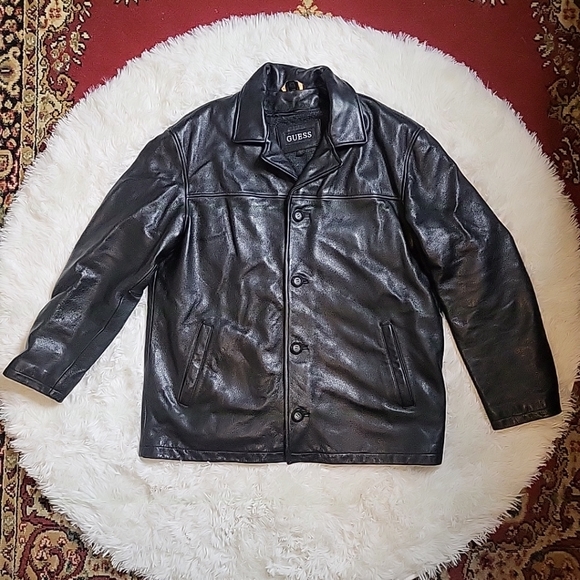 Men's Guess Black Leather Jacket Lined - L - Picture 1 of 13